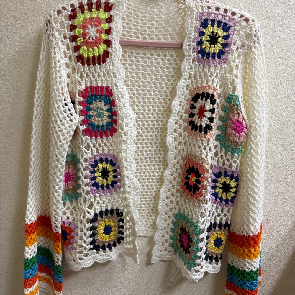 Beautiful Boutique Colorful Crochet Granny Square Open-Front Sweater Size S/M